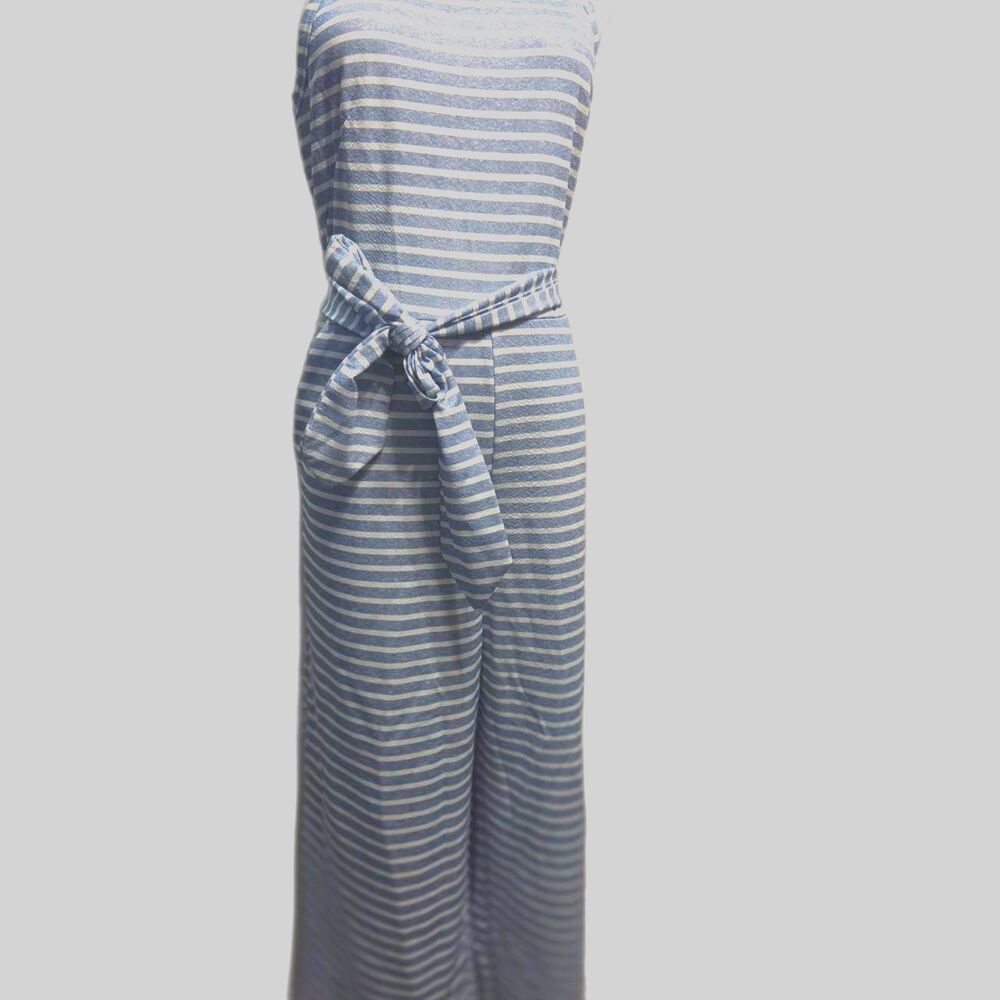 Blue/white striped halter-neck wide-leg jumpsuit w/tie